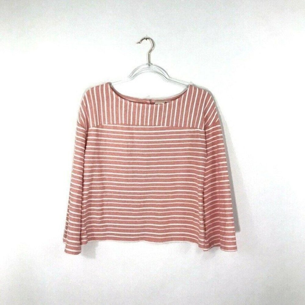 A NEW DAY Top Women Medium White Pink Stripe Bell Sleeve Button Back Round Neck